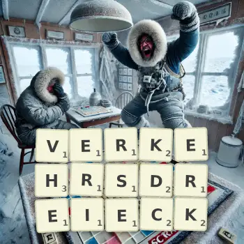 Kreative Illustration für ein Scrabble-Spiel, bei dem das Wort VERKEHRSDREIECK mit Steinen auf dem Brett gelegt wurde.