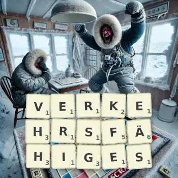 Kreative Illustration für ein Scrabble-Spiel, bei dem das Wort VERKEHRSFÄHIGES mit Steinen auf dem Brett gelegt wurde.