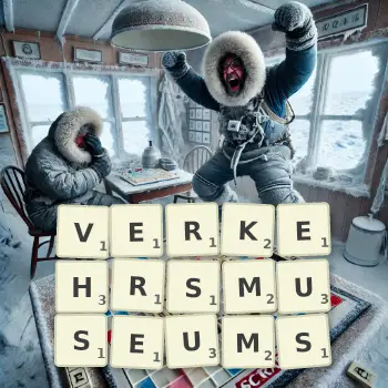 Kreative Illustration für ein Scrabble-Spiel, bei dem das Wort VERKEHRSMUSEUMS mit Steinen auf dem Brett gelegt wurde.