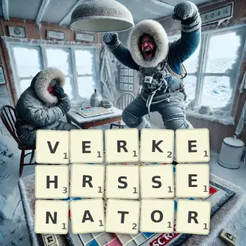 Kreative Illustration für ein Scrabble-Spiel, bei dem das Wort VERKEHRSSENATOR mit Steinen auf dem Brett gelegt wurde.