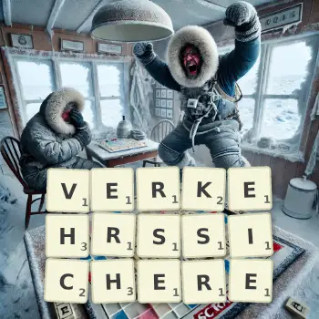 Kreative Illustration für ein Scrabble-Spiel, bei dem das Wort VERKEHRSSICHERE mit Steinen auf dem Brett gelegt wurde.