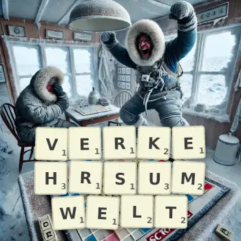 Kreative Illustration für ein Scrabble-Spiel, bei dem das Wort VERKEHRSUMWELT mit Steinen auf dem Brett gelegt wurde.