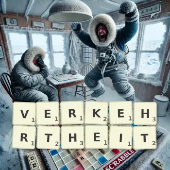 Kreative Illustration für ein Scrabble-Spiel, bei dem das Wort VERKEHRTHEIT mit Steinen auf dem Brett gelegt wurde.
