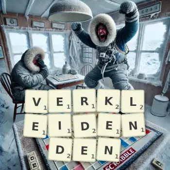 Kreative Illustration für ein Scrabble-Spiel, bei dem das Wort VERKLEIDENDEN mit Steinen auf dem Brett gelegt wurde.