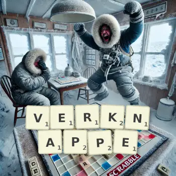 Kreative Illustration für ein Scrabble-Spiel, bei dem das Wort VERKNAPPE mit Steinen auf dem Brett gelegt wurde.