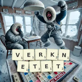 Kreative Illustration für ein Scrabble-Spiel, bei dem das Wort VERKNETET mit Steinen auf dem Brett gelegt wurde.