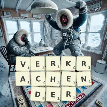 Kreative Illustration für ein Scrabble-Spiel, bei dem das Wort VERKRACHENDER mit Steinen auf dem Brett gelegt wurde.