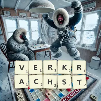 Kreative Illustration für ein Scrabble-Spiel, bei dem das Wort VERKRACHST mit Steinen auf dem Brett gelegt wurde.