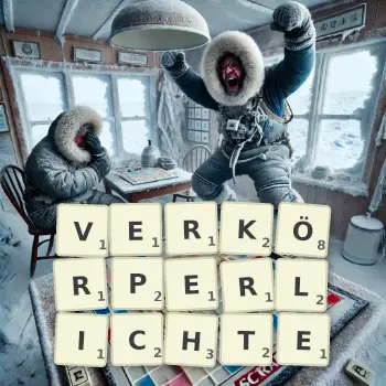 Kreative Illustration für ein Scrabble-Spiel, bei dem das Wort VERKÖRPERLICHTE mit Steinen auf dem Brett gelegt wurde.