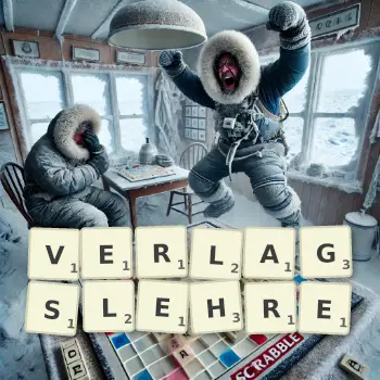 Kreative Illustration für ein Scrabble-Spiel, bei dem das Wort VERLAGSLEHRE mit Steinen auf dem Brett gelegt wurde.