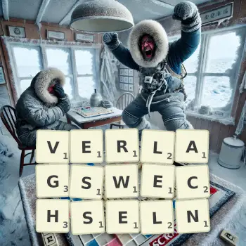 Kreative Illustration für ein Scrabble-Spiel, bei dem das Wort VERLAGSWECHSELN mit Steinen auf dem Brett gelegt wurde.