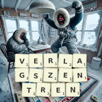 Kreative Illustration für ein Scrabble-Spiel, bei dem das Wort VERLAGSZENTREN mit Steinen auf dem Brett gelegt wurde.