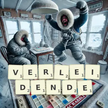 Kreative Illustration für ein Scrabble-Spiel, bei dem das Wort VERLEIDENDE mit Steinen auf dem Brett gelegt wurde.