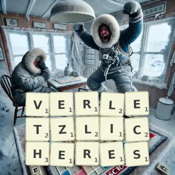Kreative Illustration für ein Scrabble-Spiel, bei dem das Wort VERLETZLICHERES mit Steinen auf dem Brett gelegt wurde.