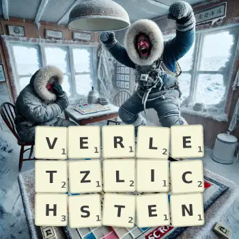 Kreative Illustration für ein Scrabble-Spiel, bei dem das Wort VERLETZLICHSTEN mit Steinen auf dem Brett gelegt wurde.