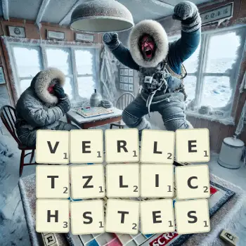 Kreative Illustration für ein Scrabble-Spiel, bei dem das Wort VERLETZLICHSTES mit Steinen auf dem Brett gelegt wurde.
