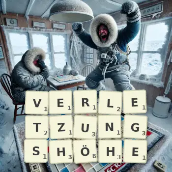 Kreative Illustration für ein Scrabble-Spiel, bei dem das Wort VERLETZUNGSHÖHE mit Steinen auf dem Brett gelegt wurde.