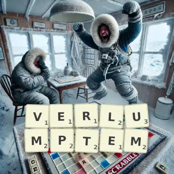 Kreative Illustration für ein Scrabble-Spiel, bei dem das Wort VERLUMPTEM mit Steinen auf dem Brett gelegt wurde.