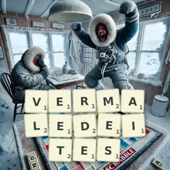 Kreative Illustration für ein Scrabble-Spiel, bei dem das Wort VERMALEDEITES mit Steinen auf dem Brett gelegt wurde.