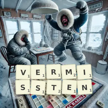 Kreative Illustration für ein Scrabble-Spiel, bei dem das Wort VERMISSTEN mit Steinen auf dem Brett gelegt wurde.