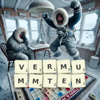 Kreative Illustration für ein Scrabble-Spiel, bei dem das Wort VERMUMMTEN mit Steinen auf dem Brett gelegt wurde.