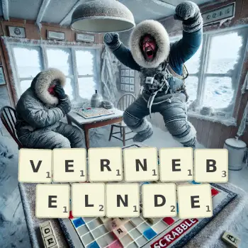 Kreative Illustration für ein Scrabble-Spiel, bei dem das Wort VERNEBELNDE mit Steinen auf dem Brett gelegt wurde.