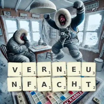 Kreative Illustration für ein Scrabble-Spiel, bei dem das Wort VERNEUNFACHT mit Steinen auf dem Brett gelegt wurde.