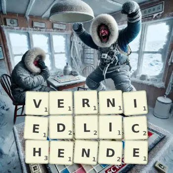 Kreative Illustration für ein Scrabble-Spiel, bei dem das Wort VERNIEDLICHENDE mit Steinen auf dem Brett gelegt wurde.