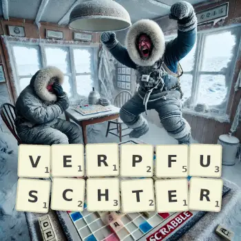 Kreative Illustration für ein Scrabble-Spiel, bei dem das Wort VERPFUSCHTER mit Steinen auf dem Brett gelegt wurde.