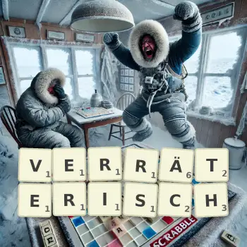 Kreative Illustration für ein Scrabble-Spiel, bei dem das Wort VERRÄTERISCH mit Steinen auf dem Brett gelegt wurde.
