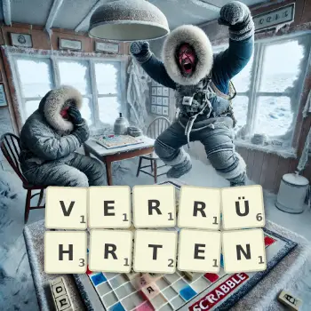 Kreative Illustration für ein Scrabble-Spiel, bei dem das Wort VERRÜHRTEN mit Steinen auf dem Brett gelegt wurde.
