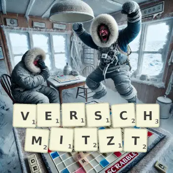 Kreative Illustration für ein Scrabble-Spiel, bei dem das Wort VERSCHMITZT mit Steinen auf dem Brett gelegt wurde.