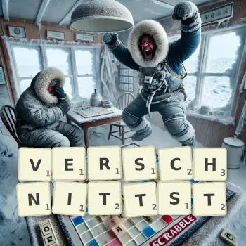 Kreative Illustration für ein Scrabble-Spiel, bei dem das Wort VERSCHNITTST mit Steinen auf dem Brett gelegt wurde.