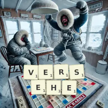 Kreative Illustration für ein Scrabble-Spiel, bei dem das Wort VERSEHE mit Steinen auf dem Brett gelegt wurde.