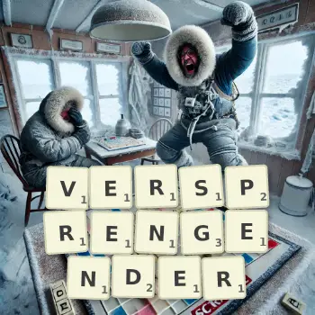 Kreative Illustration für ein Scrabble-Spiel, bei dem das Wort VERSPRENGENDER mit Steinen auf dem Brett gelegt wurde.