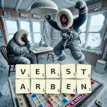 Kreative Illustration für ein Scrabble-Spiel, bei dem das Wort VERSTARBEN mit Steinen auf dem Brett gelegt wurde.