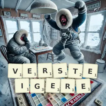 Kreative Illustration für ein Scrabble-Spiel, bei dem das Wort VERSTEIGERE mit Steinen auf dem Brett gelegt wurde.