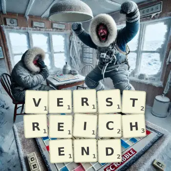 Kreative Illustration für ein Scrabble-Spiel, bei dem das Wort VERSTREICHEND mit Steinen auf dem Brett gelegt wurde.