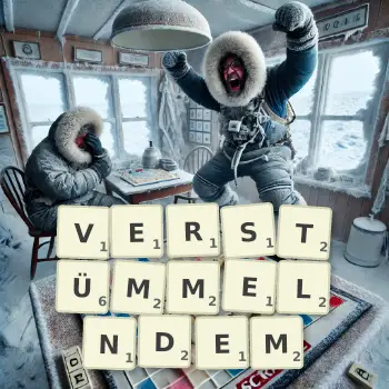 Kreative Illustration für ein Scrabble-Spiel, bei dem das Wort VERSTÜMMELNDEM mit Steinen auf dem Brett gelegt wurde.