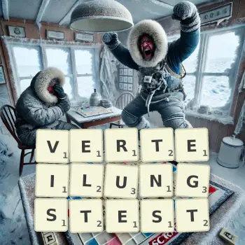 Kreative Illustration für ein Scrabble-Spiel, bei dem das Wort VERTEILUNGSTEST mit Steinen auf dem Brett gelegt wurde.