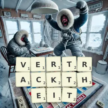 Kreative Illustration für ein Scrabble-Spiel, bei dem das Wort VERTRACKTHEIT mit Steinen auf dem Brett gelegt wurde.