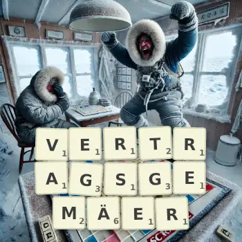 Kreative Illustration für ein Scrabble-Spiel, bei dem das Wort VERTRAGSGEMÄER mit Steinen auf dem Brett gelegt wurde.