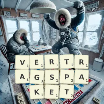Kreative Illustration für ein Scrabble-Spiel, bei dem das Wort VERTRAGSPAKET mit Steinen auf dem Brett gelegt wurde.