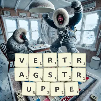 Kreative Illustration für ein Scrabble-Spiel, bei dem das Wort VERTRAGSTRUPPE mit Steinen auf dem Brett gelegt wurde.