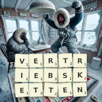 Kreative Illustration für ein Scrabble-Spiel, bei dem das Wort VERTRIEBSKETTEN mit Steinen auf dem Brett gelegt wurde.