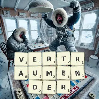 Kreative Illustration für ein Scrabble-Spiel, bei dem das Wort VERTRÄUMENDER mit Steinen auf dem Brett gelegt wurde.