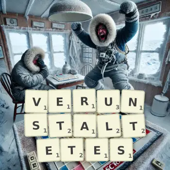 Kreative Illustration für ein Scrabble-Spiel, bei dem das Wort VERUNSTALTETES mit Steinen auf dem Brett gelegt wurde.
