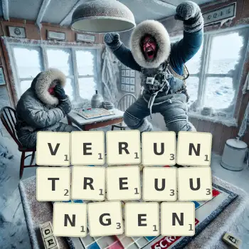 Kreative Illustration für ein Scrabble-Spiel, bei dem das Wort VERUNTREUUNGEN mit Steinen auf dem Brett gelegt wurde.