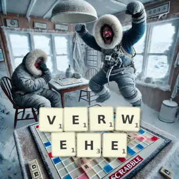 Kreative Illustration für ein Scrabble-Spiel, bei dem das Wort VERWEHE mit Steinen auf dem Brett gelegt wurde.