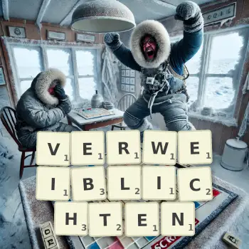 Kreative Illustration für ein Scrabble-Spiel, bei dem das Wort VERWEIBLICHTEN mit Steinen auf dem Brett gelegt wurde.